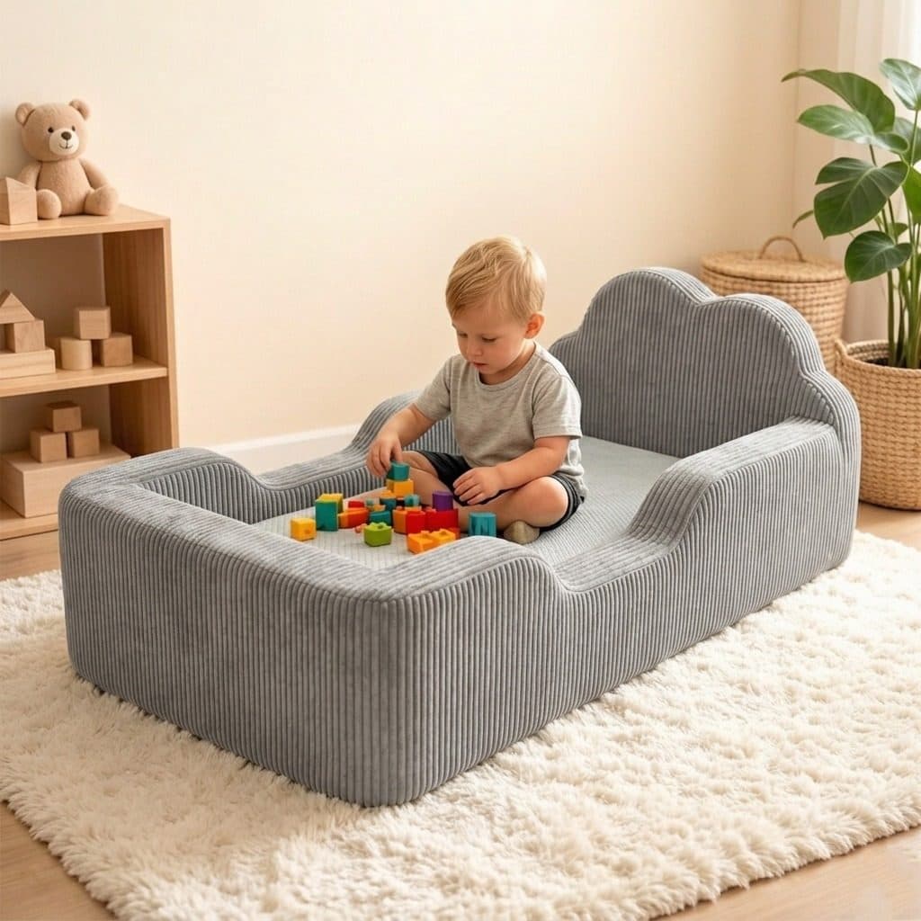 A toddler sitting on the grey corduroy SoftDreams Cloud Bed, playing with wooden blocks in a bright nursery