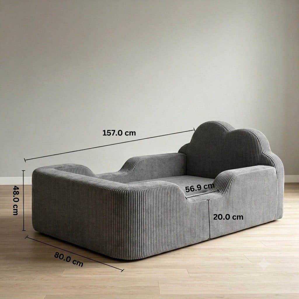 Dimension diagram of the Cloud Bed: 157 cm long, 80 cm deep, 48 cm tall