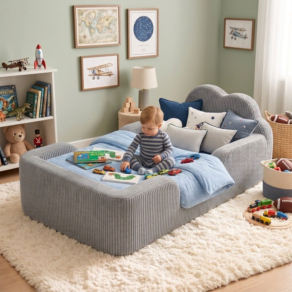 The Cloud Bed made up with blue bedding in a boy's bedroom