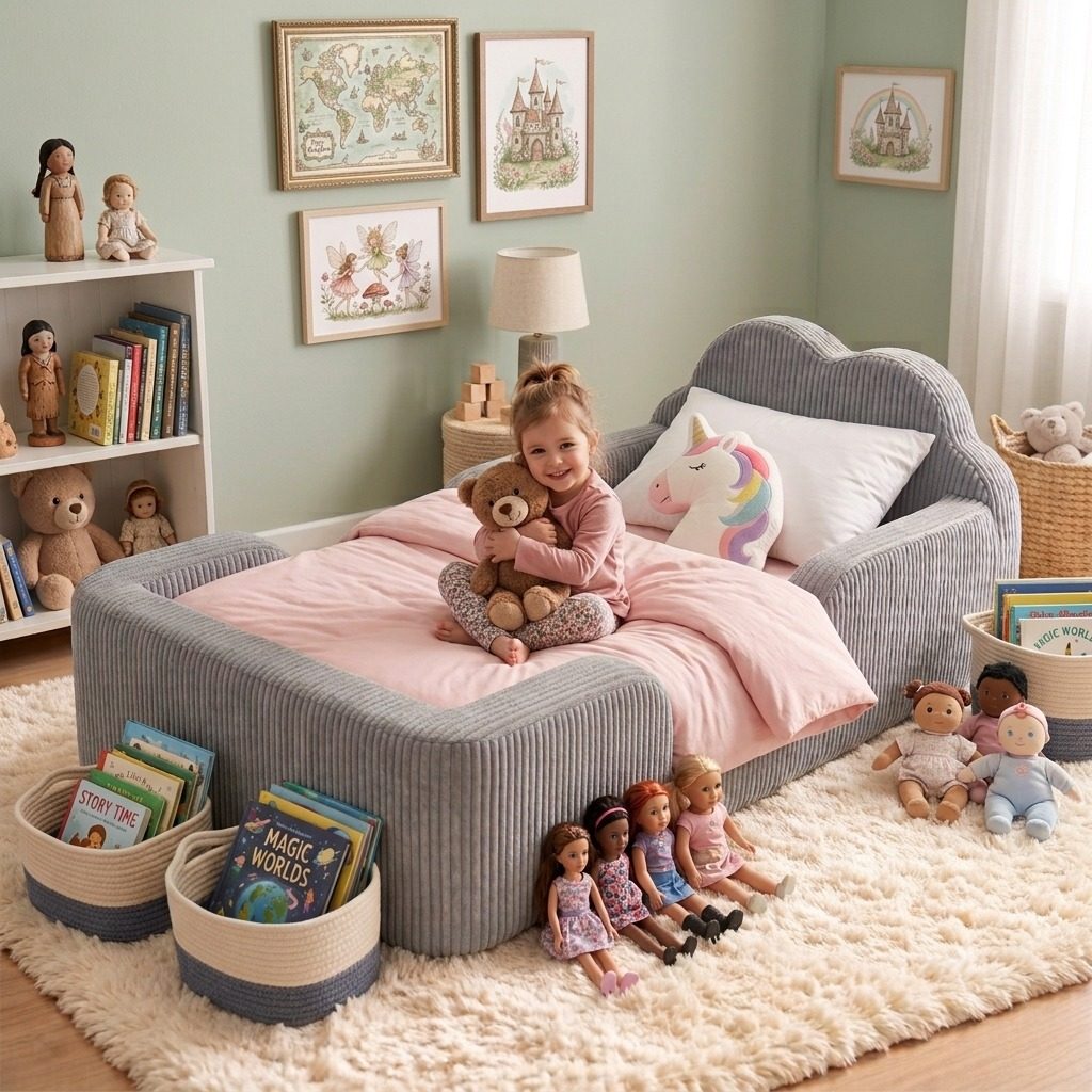 The Cloud Bed in a sage-green bedroom, made up with pink bedding and cushions