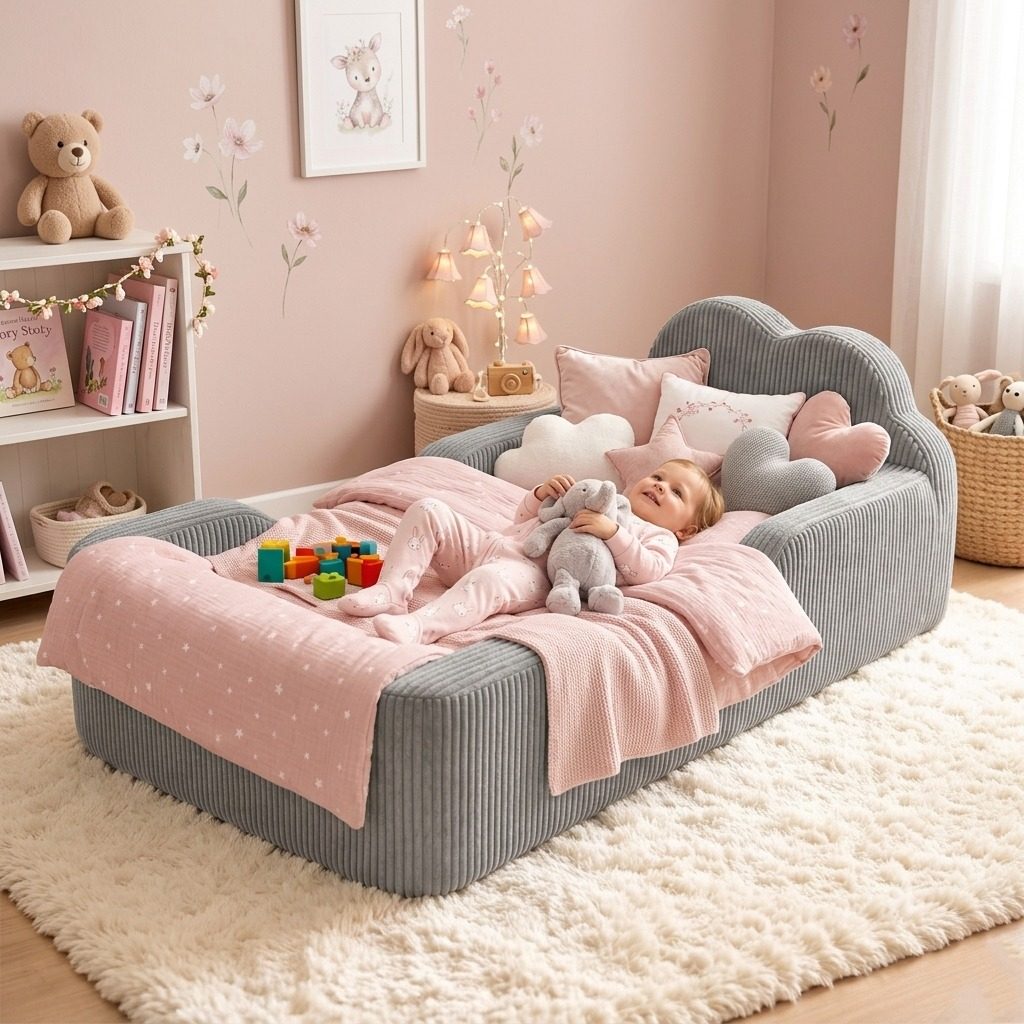 A child resting on the Cloud Bed with pink bedding and soft toys